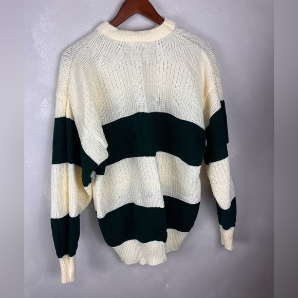 80s/90s Vintage striped knitted sweater | White & Green - Picture 2 of 3
